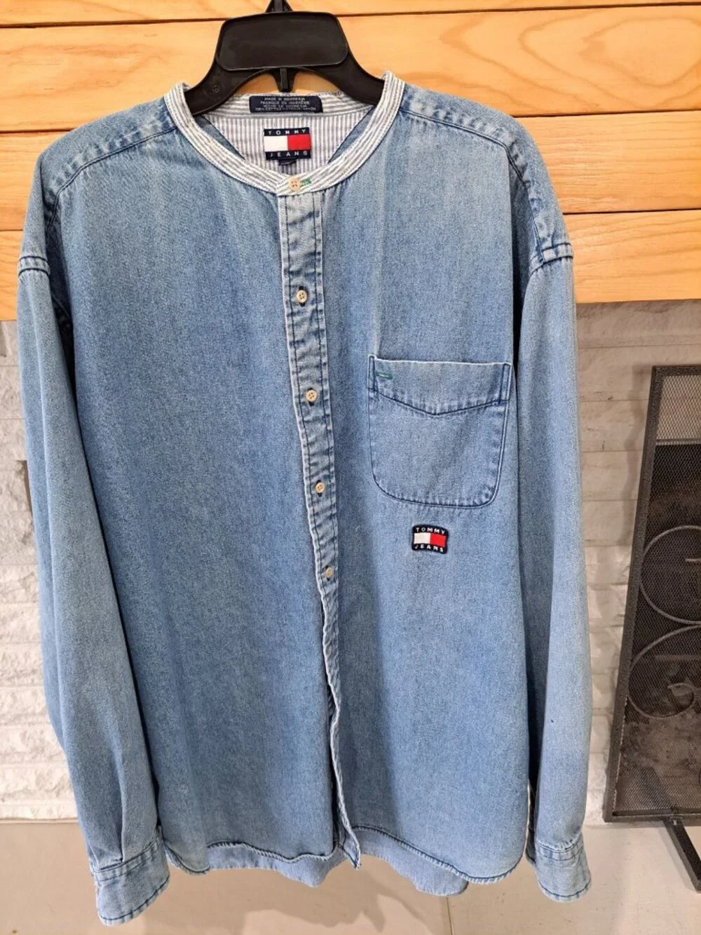 Vtg 90's Tommy Jeans Band Collar Denim Shirt XL Men's Logo Embroidery Button - Picture 2 of 14